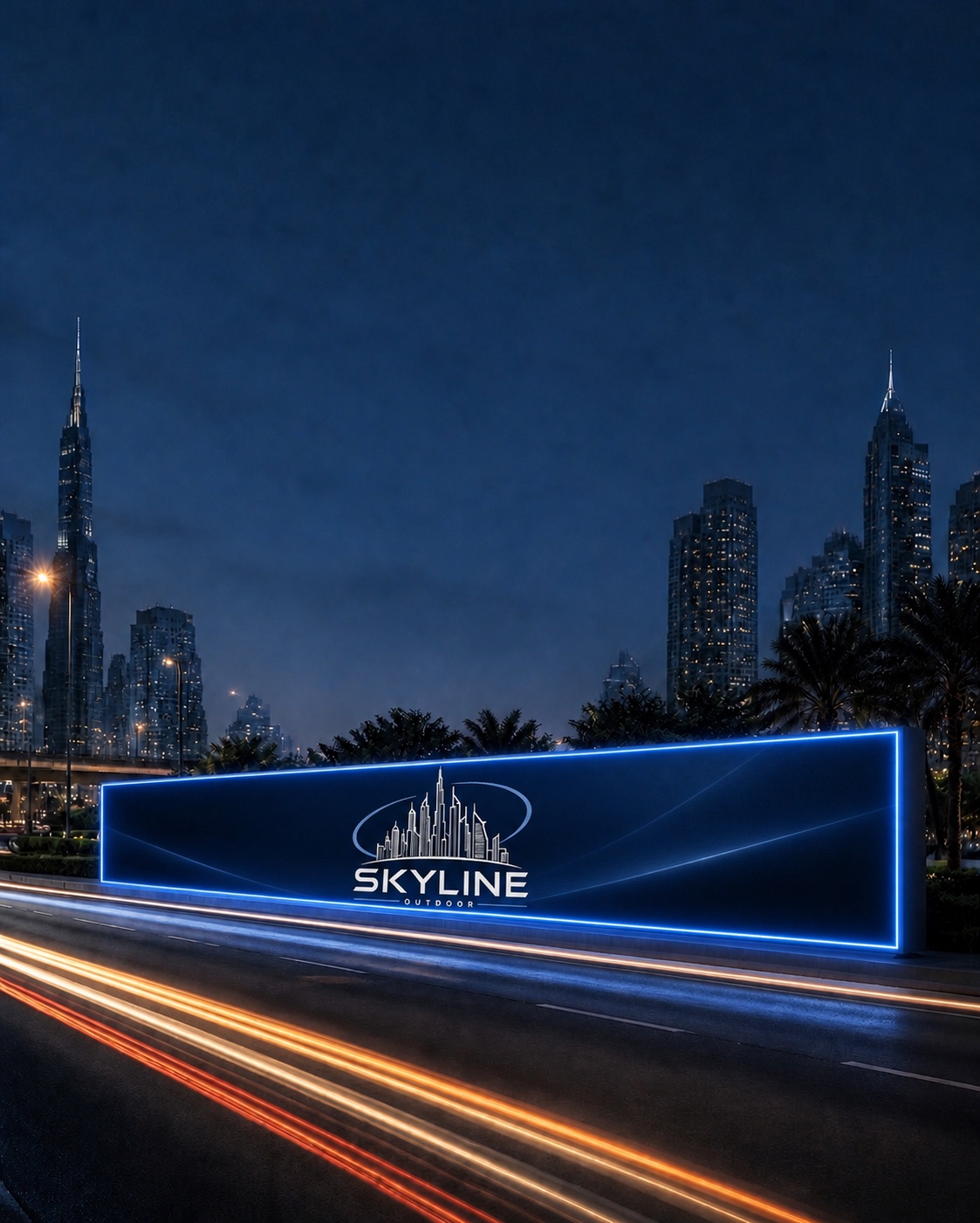 Architectural visualisation of a long ground-mounted Skyline Outdoor hoarding with an illuminated blue frame near Safa Park