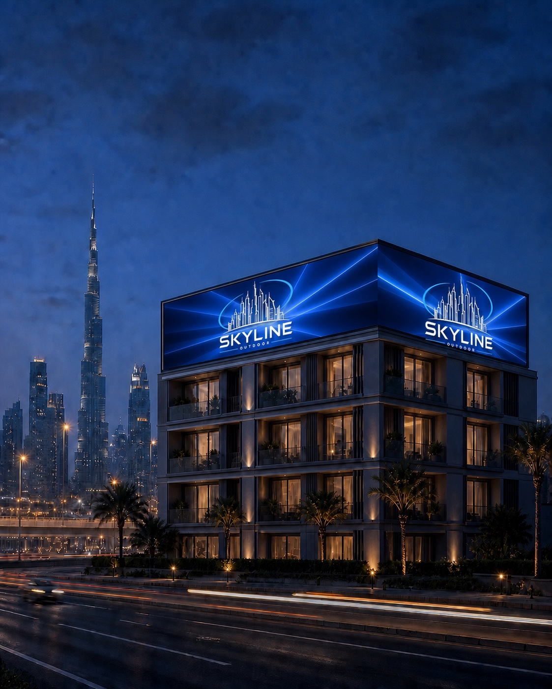 Architectural visualisation of a two-sided Skyline Outdoor rooftop screen on a four-storey residential building opposite Burj Khalifa
